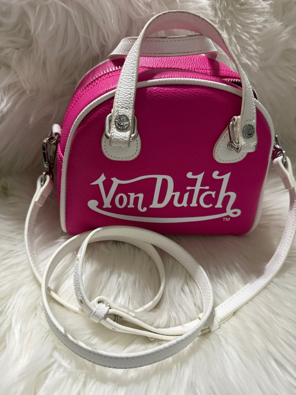 Von Dutch Hot Pink Mini Dome Crossbody with White Trim